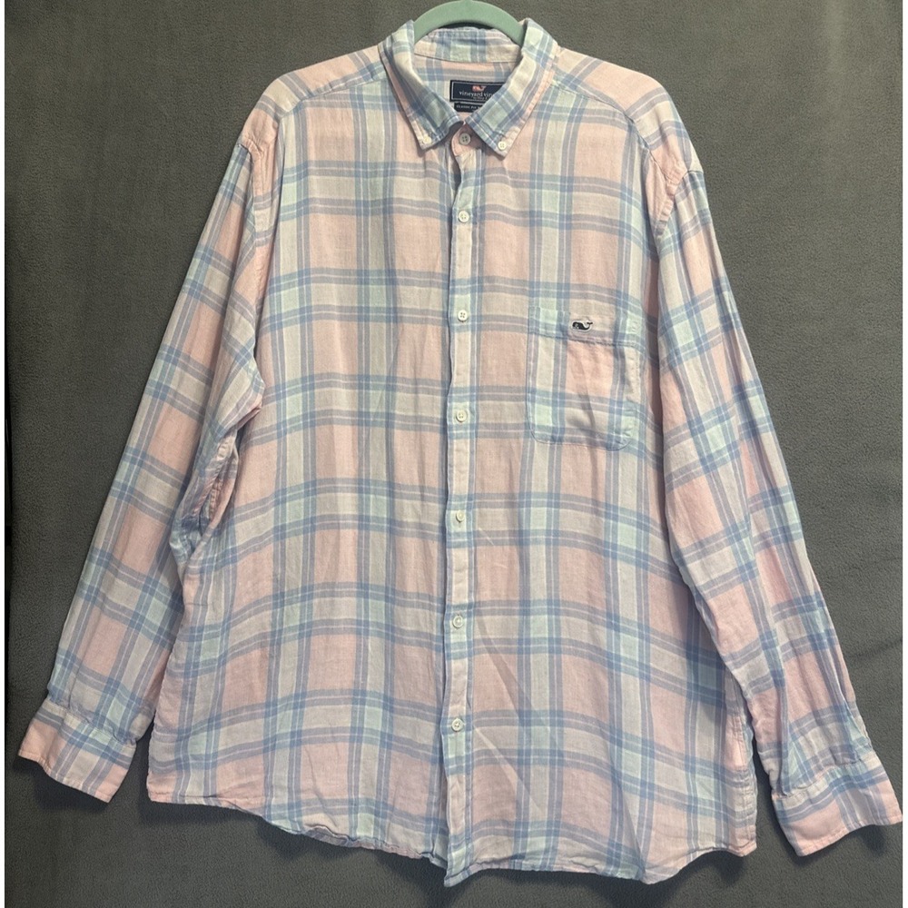 Vineyard Vines Classic Fit Tucker Shirt 100% Linen Mens Size XXL Blue Pink Plaid